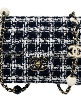 Chanel Black / White / Navy Blue Quilted Tweed Resin Heart Mini Flap Crossbody B